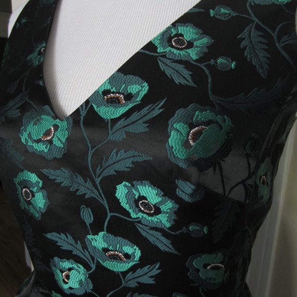 J CREW Jacquard Black w/ Green Floral V-neck Sleeveless Cocktail dress Sz 6 - Picture 5 of 15